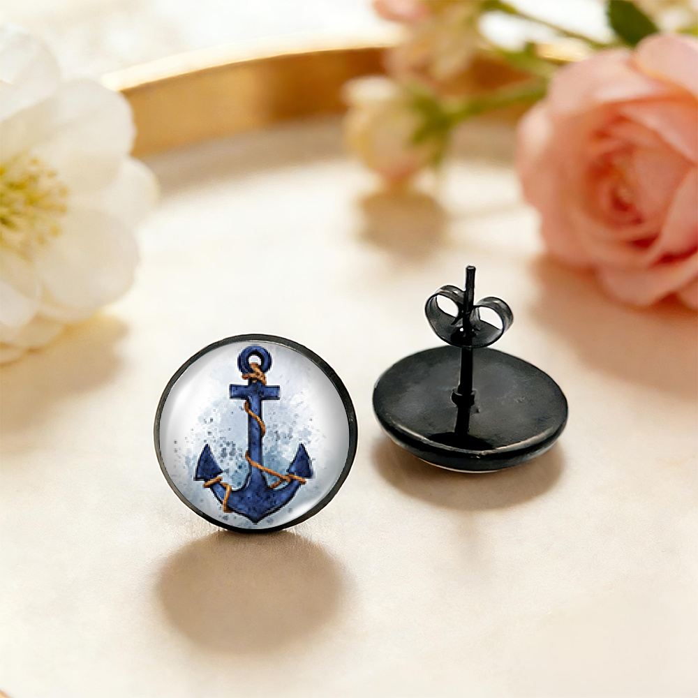 Blue Anchor Illustration Round Stud Earrings